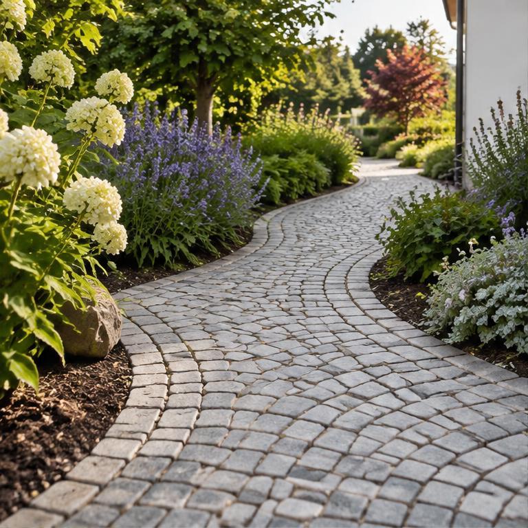 Gepflasterter Gartenweg im Segmentbogen zwischen blühenden Beeten