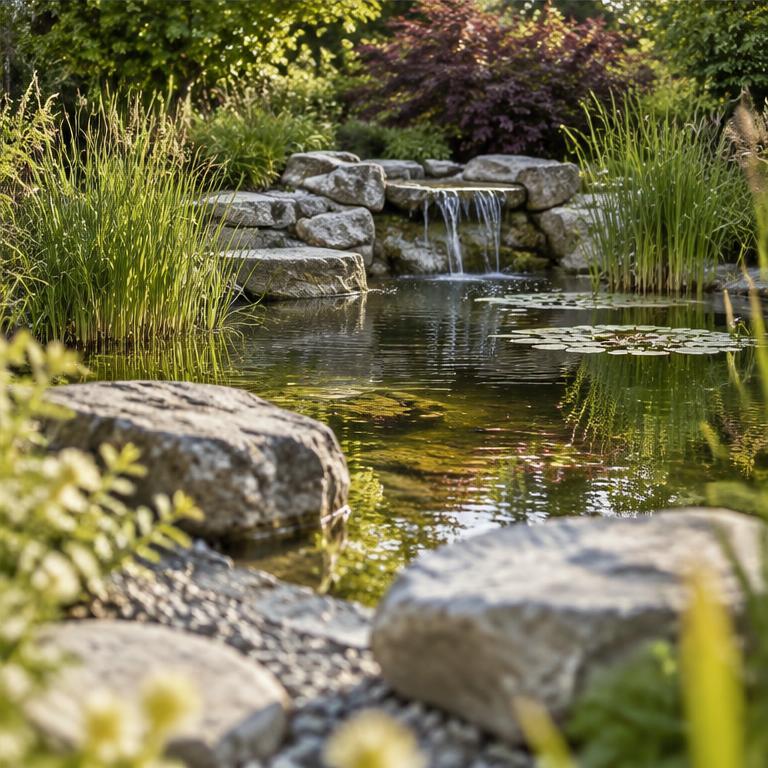 Naturnaher Gartenteich mit Steineinfassung und Gräsern