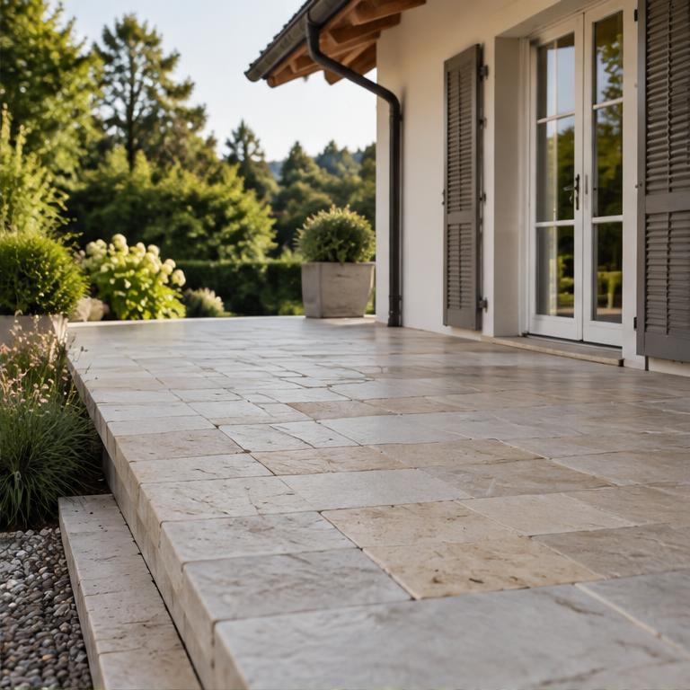 Helle Natursteinterrasse an einem oberbayerischen Wohnhaus